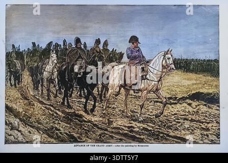 Napoleon Bonaparte zu Pferd mit seinem Generalstab und Soldaten der Kaiserlichen Garde, die über ein matschiges Schlachtfeld vorrücken. Band 14, von Ridpath's Universal History 1897 Stockfoto