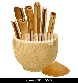 Handgezeichnetes Aquarell-Zimtpulver und Stifte in einer Holzschale Illustration zum Verpacken, für Zutaten oder Branding Stockfoto