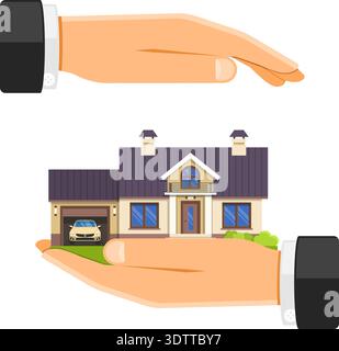 Immobilienversicherungskonzept mit Flat Icons House in Händen. Isolierte Vektordarstellung Stock Vektor