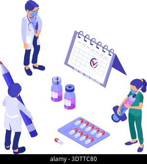 Zeit zur Impfung isometrische Symbole mit Spritze Impfstoff Flasche Kalender Impfkonzept Banner mit Arzt Krankenschwester in Maske Landing Page Template isol Stock Vektor