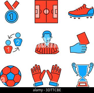 Fußball und Fußball dünne Linien Farbe Web Icon Set mit flachen Elementen für Flyer, Poster wie Schiedsrichter, Ball und Trophy. Stock Vektor