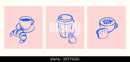 Illustration von Kaffeetasse, Croissant und Gebäck auf rosa Hintergrund in minimalistischem Stil Stock Vektor