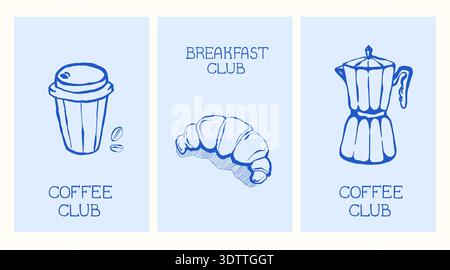 Coffee Club Illustration mit Tasse, Croissant und Mokakanne auf blauem Hintergrund Stock Vektor