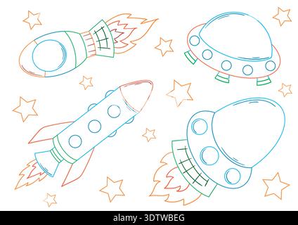 Set aus farbigen Umrissabbildungen mit Raketen, UFO und Sternen. Raumschiffe mit hellen Flammen. Perfekt für Kinder Designs, Ausmalseiten, Poster Stock Vektor