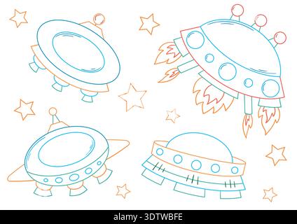Set aus farbigen Umrissabbildungen mit Raketen, UFO und Sternen. Raumschiffe mit hellen Flammen. Perfekt für Kinderdesigns und Ausmalseiten Stock Vektor