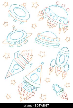 Set aus farbigen Umrissabbildungen mit Raketen, UFO und Sternen. Raumschiffe mit hellen Flammen. Perfekt für Kinder Designs, Ausmalseiten, Poster Stock Vektor