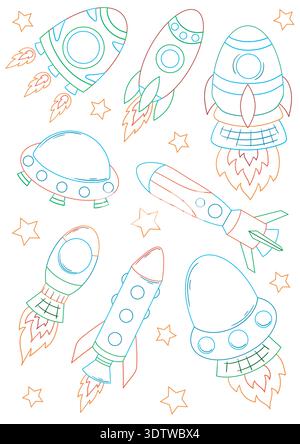 Set aus farbigen Umrissabbildungen mit Raketen, UFO und Sternen. Raumschiffe mit hellen Flammen. Perfekt für Kinder Designs, Ausmalseiten, Poster Stock Vektor