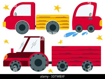 Set von niedlichen Cartoon-Autos im flachen Vektor-Stil. Traktor und Lkw werden von der Seite mit einfachen abgerundeten Formen und dunklen Rädern dargestellt. Perfekt für Kinder Stock Vektor