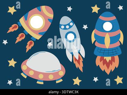 Niedliche flache Illustration mit bunten Raketen, UFO und Sternen auf blauem Hintergrund. Raumschiffe im Cartoon-Stil mit hellen Flammen perfekt für Kinder des Stock Vektor