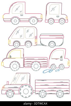 Set von farbigen Umrissvektorautos. Von der Seite gezeigte Fahrzeuge mit einfachen abgerundeten Formen und dunklen Rädern. Perfekt für Kinderdesigns und Ausmalseiten Stock Vektor