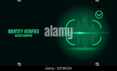Eine leuchtend grüne Benutzeroberfläche zur Sprachauthentifizierung, die DEN GEWÄHRTEN ZUGRIFF AUF DIE IDENTITÄT anzeigt. Verfügt über eine digitale Schallwelle, die aus binärem Code Par besteht Stock Vektor