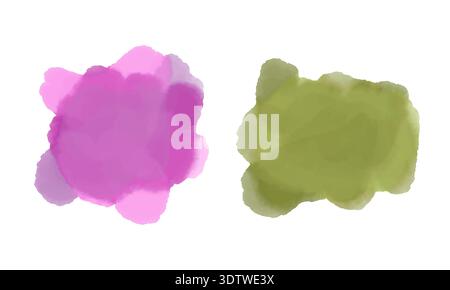 Farbenfrohe handgemalte Aquarellflecken und abstrakte Spritzer. Künstlerische organische Formen mit weicher Textur und natürlichem Fließverhalten Stockfoto