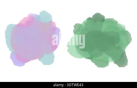 Farbenfrohe handgemalte Aquarellflecken und abstrakte Spritzer. Künstlerische organische Formen mit weicher Textur und natürlichem Fließverhalten Stockfoto