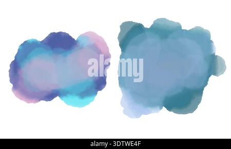 Farbenfrohe handgemalte Aquarellflecken und abstrakte Spritzer. Künstlerische organische Formen mit weicher Textur und natürlichem Fließverhalten Stockfoto