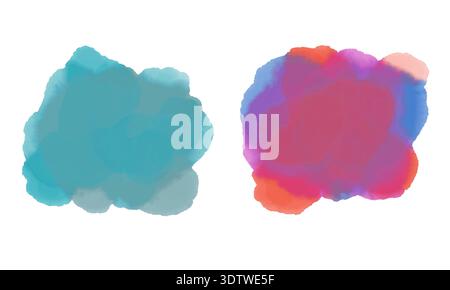 Farbenfrohe handgemalte Aquarellflecken und abstrakte Spritzer. Künstlerische organische Formen mit weicher Textur und natürlichem Fließverhalten Stockfoto