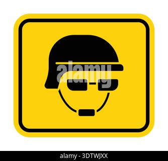 Diese Illustration zeigt eine Militärfigur mit Helm und Sonnenbrille vor einem auffälligen gelben Hintergrund. Ideal für die Vermittlung von Sicherheitsthemen Stock Vektor