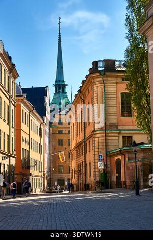 Ein bezaubernder Blick auf eine kopfsteingepflasterte Straße in Gamla Stan, Stockholms historischer Altstadt, unter einem hellblauen Himmel. Der legendäre grüne Turm des deutschen CH Stockfoto