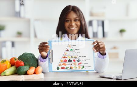 Ernährungs-Leitfaden zeigt die Lebensmittelpyramide mit einem Gesundheitsarbeiter und frischem Gemüse auf dem Tisch Stockfoto
