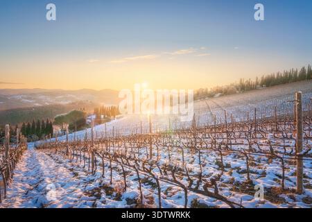 Winterlandschaft eines Weinbergs, der bei Sonnenuntergang mit Schnee bedeckt ist. Goldene Sonnenstrahlen über sanften Hügeln in der Nähe von Radda in Chianti, Toskana, Italien Stockfoto