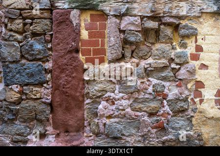 Vollrahmen-Textur einer alten Flickenteppichmauer, eine Mischung aus rustikalen Steinen, roten Ziegeln und verwittertem Mörtel mit einem Holzbalken an der Spitze in einem mittelalterlichen Stockfoto