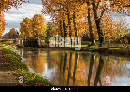 Schleusentor auf dem Canal Latéral à la Garonne im Herbst, Frankreich Stockfoto