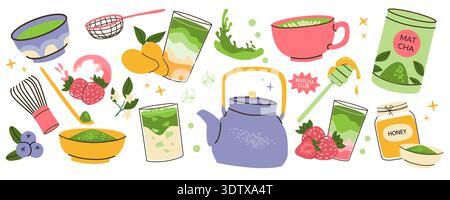 Vector Matcha Tee Elements Set. Flache Zeichentrickillustration isoliert auf weiß. Japanische Heißgetränk-Sammlung. Matcha Teeaufkleber Set mit Hafermilch, Matt Stock Vektor