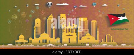 Jubiläumsfeier zum Nationalfeiertag Jordanien mit arabischem Muster Hintergrund. Die Reise-Silhouette markiert die Architektur Jordaniens in amman mit Origami-Papier Stock Vektor