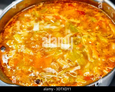 Lebendige Gemüsesuppe, die in einem großen Topf auf dem Herd kocht, mit satten Farben und Texturen, die durch die sprudelnde Brühe hervorgehoben werden Stockfoto