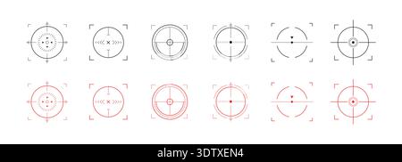 Fadenkreuz HUD rot. Scharfschützenradar und Sucher. Location HUD für das Design der Benutzeroberfläche für Kampfspiele. Satz einfacher Vektorsymbole Stock Vektor