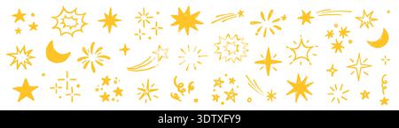Collage-Set mit goldenen Stickersymbolen. Stern-Symbol-Skizze Hand gezeichnete Linie Pinsel Buntstift Textur Vintage Hintergrund. Niedliches Kind magisches Funkeln, glühender Mond, Raumfigur. Vektorabbildung Stock Vektor