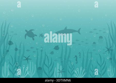 Unterwasserboden Hintergrund mit Meerestieren Silhouetten Vektor-Illustration. Stock Vektor