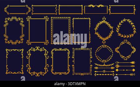 Rahmen aus Vintage-Gold. Quadratische und runde Ränder. Flourish-Linienteiler. Botanisches Motiv. Blumenverzierung. Rahmen mit filigranem Ornament. Vektorsatz Stock Vektor
