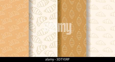 Set aus linearen, nahtlosen Mustern mit Croissants. Hintergrund mit Silhouetten von französischem Blätterteig. Sammlung von Abzügen für Verpackungen, Papier, Cove Stock Vektor