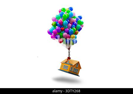 Fliegendes Haus mit bunten Ballons am Himmel 3d Stockfoto