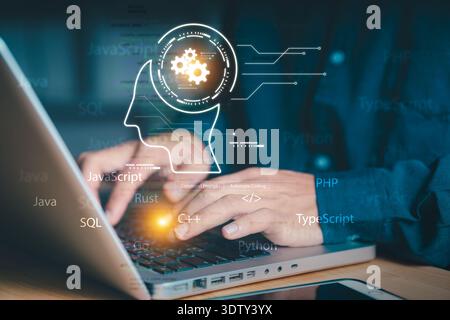 Programmiergerät mit Laptop mit KI-Kopf und Symbolen für die Programmiersprache. Konzept der automatisierten Kodierung, Softwareentwicklung, künstliche Intelligenz im Programm Stockfoto