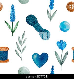 Nahtloses Aquarellmuster mit handgezeichnetem Strickgarn, Nähgarn Spulen, Knöpfen, blauem Herz und Frühlingsblumen auf hellem Hintergrund. Bequeme Hand Stockfoto