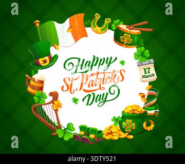 Happy St. Patrick's Day Rundbanner. Irischer Feiertag, Vektorplakat oder Grußkarte mit irischer Flagge, Kobold Hut, Schuhe und Goldmünzen Topf, Bier, Schamrock Blätter Stock Vektor