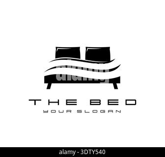 Moderne Bettmöbel, Symbol des Hotels. Komfort Matratzenspeicher Vektoremblem, Hotelunterkunft Icon. Textil- oder Bettmöbel-Schild im Schlafzimmer mit zwei Kissen und Typografie Stock Vektor