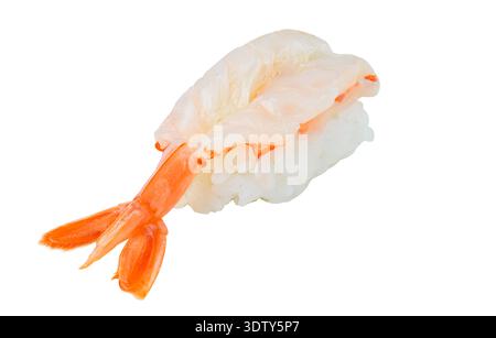 Frisches süßes Shrimps Nigiri Sushi, auf einem sauberen weißen Hintergrund. Eine traditionelle japanische Fischspezialität, die für ihre Süße geliebt wird. Stockfoto