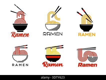 Ramen Nudeln Ikonen chinesischer und japanischer Essensschalen. Vector asiatische Küche Pasta Suppengericht isoliert minimale Symbole Set von Essstäbchen, Nudeln, Schalen Silhouetten. Ramen-Restaurant-Menü oder Ladenschilder Stock Vektor