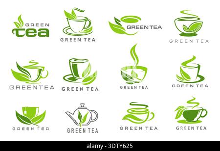 Grüne Kräutertee-Symbole mit Tassen und Blättern. Vektor-Umrissetiketten für Café oder Geschäft mit Tassen, Teekanne und Dampfwirbel von natürlichen organischen Heißgetränken, Aromakräutern und grünen Blättern, Kräutertee Zeichen Stock Vektor