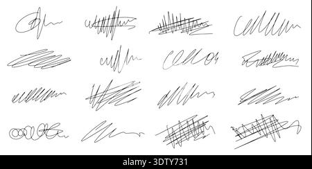Handgezeichneter Textstift Scribble Set. Die abstrakte Texturkalligraphie mit Stift-Scribble. Handschriftenschild, unordentlicher Holzkohlepinsel. Lockige Markierung schleifen Stock Vektor
