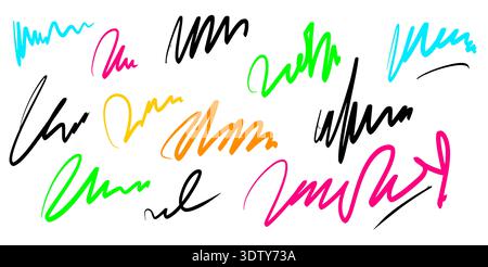 Handgezeichneter Textstift Scribble Set. Die abstrakte Texturkalligraphie mit Stift-Scribble. Handschriftenschild, unordentlicher Holzkohlepinsel. Lockige Markierung schleifen Stock Vektor