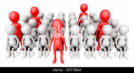 3D-Figuren stehen in einer Gruppe sitzender 3D-Figuren auf weißem Hintergrund Stockfoto