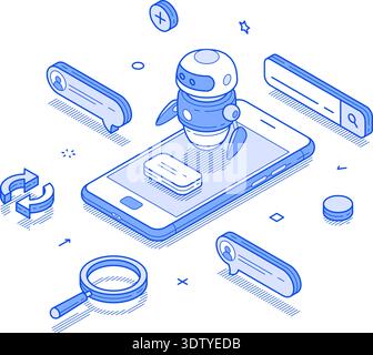 Futuristischer KI-Bot, der mit einem Smartphone interagiert. Elemente wie Suchbalken, kreisförmige Symbole und eine Lupe umgeben das Gerät und betonen Innov Stock Vektor
