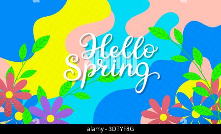 Hello Spring Buntes Blumenbanner mit handschriftlichem Schriftzug Stock Vektor