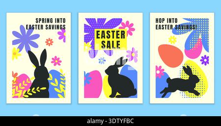 Set farbenfroher Oster-Sale-Poster mit Häschen-Silhouetten Stock Vektor