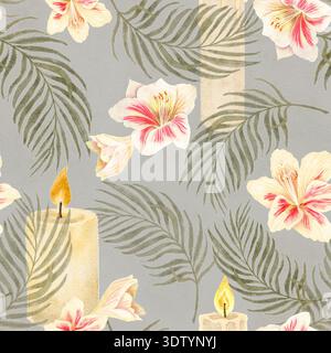 Lilien, Palmblätter und Kerzen, handgemaltes nahtloses Aquarellmuster mit neutralen Tönen auf Grau, eleganter dekorativer Hintergrund für Textilien Stockfoto