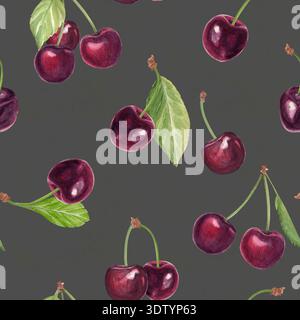 Handgemaltes nahtloses Aquarellmuster mit Reifen Kirschbeeren, grünen Blättern auf dunkelgraugrünem Hintergrund. Entwickelt für hochwertige Verpackungen, Luxus Stockfoto