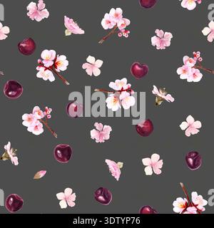 Nahtloses Aquarellmuster mit Kirschbeeren, Blüten auf dunkelgrauem Hintergrund. Entwickelt für hochwertige Verpackungen, Tapeten, Textilien und elegant Stockfoto